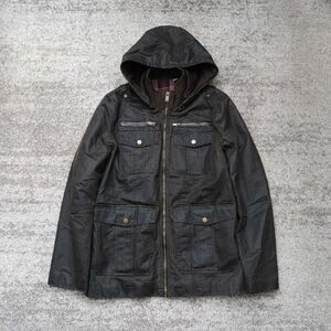 GUESS Mens M Brown Antique Distressed Workwear Utility‎ Chore Jacket Hood Lined